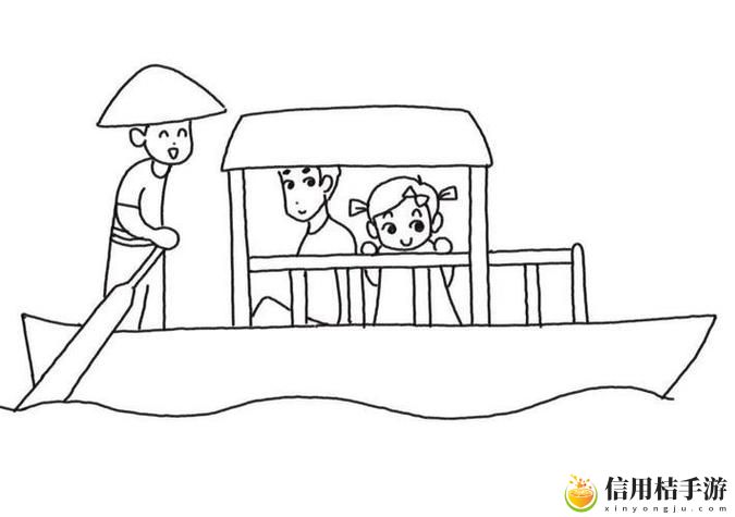 老人坐在船上的简笔画